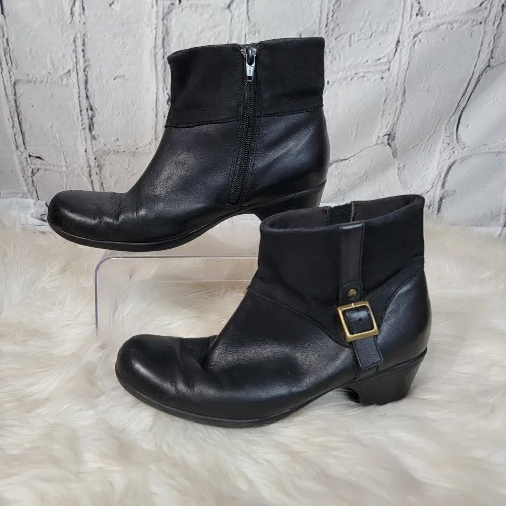 CLARKS Womens 9 Ingalls Dover‎ Leather Black Heeled Booties Comfort Ankle Boots